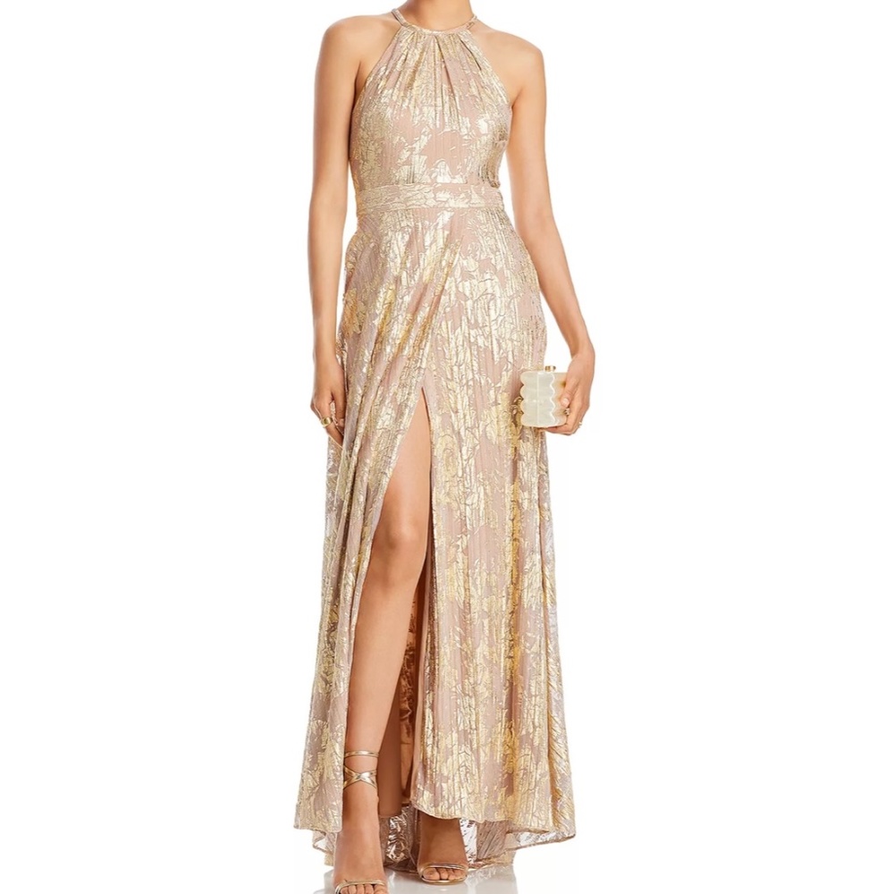 Aqua Foil Knit Halter Gown